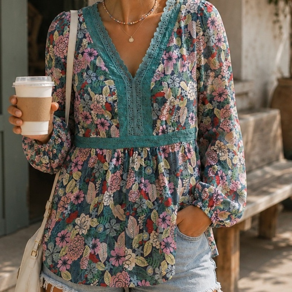 Matilda Jane Womens Floral Swiss Dot Crochet Trim Babydoll Top Teal Pink XS